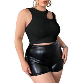 OYOANGLE Women's Plus Size Sleeveless Cut Out Crew Neck Summer Casual Crop Tank Tops