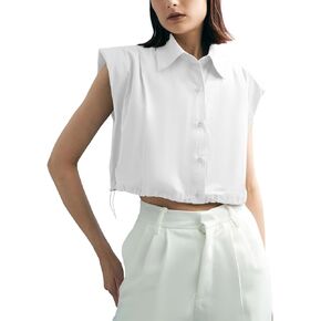 Tankaneo Womens Sleeveless Button Down Shirts Casual Loose V Neck Pad Shoulder Crop Tank Top