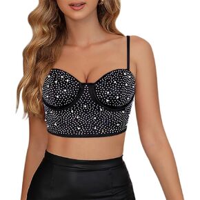 Haoohu Women's Rhinestone Halter Top Sparkly Diamond Crop Tank Top Party Rave Camisole Clubwear