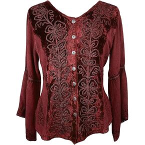 Agan Traders Women's Long Sleeve Velvet Button Down Rich Embroidered Vintage Style Renaissance Blouse Top