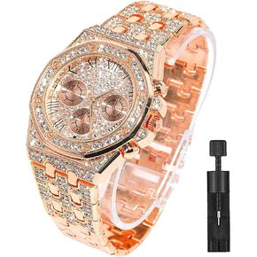 Apzzic Diamond Iced Out Watch CZ Gold Plated 40mm Width Roman Numerals Dial Quartz Wristband Watch for Men Women