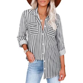Cestyle Womens Striped Button Down Shirt Roll-up Long Sleeve Fall Blouses Collared Tops Casual
