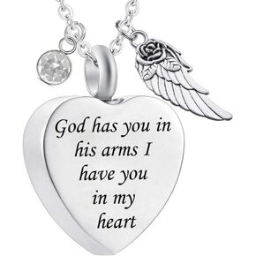 God has You in his arms with Angel Wing Charm Cremation Ashes Jewelry Keepsake Memorial Urn Necklace with Birthstone Crystal