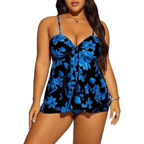 MakeMeChic Women's Plus Size Tankini Swimsuit Floral Print Knot Front 2 Piece Bathing Suit