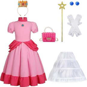 Girls Princess Peach Costume Dress with Crown Gloves Wand Handbag, Funny Kids Super Bros Theme Party Halloween Outfits