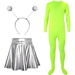 Halloween Alien Costumes for Women with Metallic Holographic Skirt Alien Antenna Headband Women Whole Bodysuit