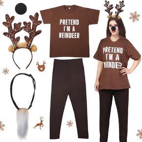 5 Pcs Christmas Reindeer Costume for Adults, Including Reindeer Antlers Sequined Headband, Deer Tail, Nose, T Shirt, Soft Leggings Tights Funny Christmas Reindeer Costume Cosplay Accessories