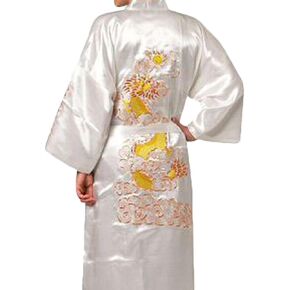 Chinese Men's Silk Satin Embroider Kimono Robe Gown Dragon (White, M)