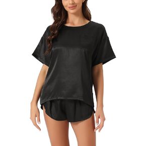 cheibear Women Satin Pajama Set Spring Summer 2024 Short Sleeve Pullover T-shirt with Shorts Sleepwear