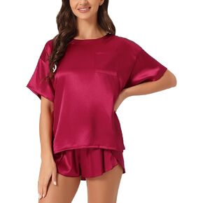 cheibear Women Satin Pajama Set Spring Summer 2024 Short Sleeve Pullover T-shirt with Shorts Sleepwear in Saudi Arabia