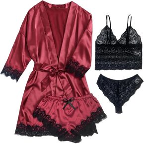 Women's 4 Pieces Silk Satin Pajamas Set Lingerie Floral Lace Cami Sleepwear with Robe