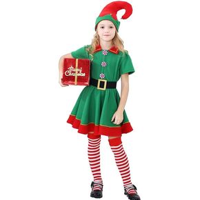 Coolproud Elf Costume for Kids,3-12 Years Girl Christmas Elf Costume with elf Hat and Stockings