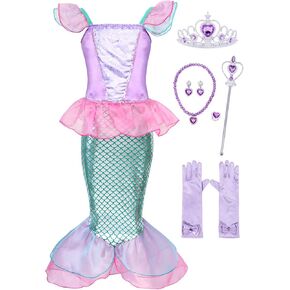 HenzWorld Little Mermaid Princess Dresses for Girls Mermaid Costume Birthday Party Dress up Outfit Jewels Accessories