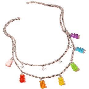 Layered Lock Necklace Punk Gothic Resin Gummy Cartoon Bear Link Chain Pendant Necklace Colorful Rock Hip Hop Transparent Butterfly Dinosaur Animal Choker Necklace for Women Girls Party Jewelry Gift