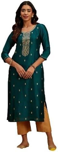 طقم كورتي نسائي 3/4 كم من مزيج الحرير ورقبة دائرية على شكل حرف A - أخضر تورال in Kuwait