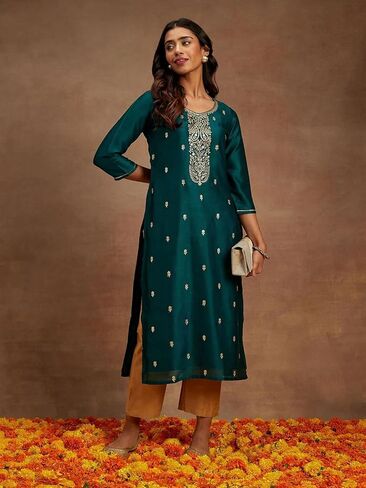 طقم كورتي نسائي 3/4 كم من مزيج الحرير ورقبة دائرية على شكل حرف A - أخضر تورال in Kuwait