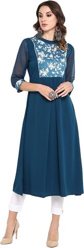 Janasya Indian Women's Turquoise Blue Poly Crepe Kurta For Women in Saudi Arabia