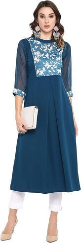 Janasya Indian Women's Turquoise Blue Poly Crepe Kurta For Women in Saudi Arabia