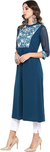 Janasya Indian Women's Turquoise Blue Poly Crepe Kurta For Women in Saudi Arabia
