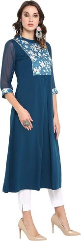Janasya Indian Women's Turquoise Blue Poly Crepe Kurta For Women in Saudi Arabia