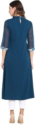Janasya Indian Women's Turquoise Blue Poly Crepe Kurta For Women in Saudi Arabia