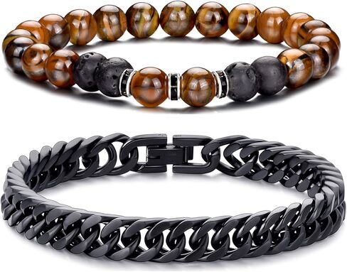 RANKEEF 2 قطعة أساور رجالي وأساور من الفولاذ المقاوم للصدأ مجموعة أساور متطابقة قابلة للتمدد للرجال، هدية مجوهرات للرجال in Kuwait