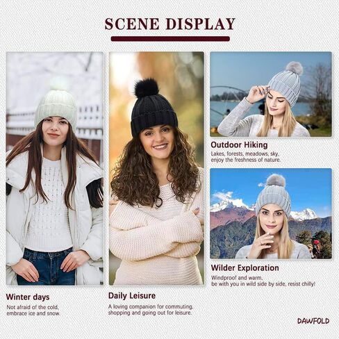 قبعة نسائية محبوكة، قبعة شتوية دافئة مبطنة بالساتان مع كرة من الفرو الصناعي للطقس البارد، التزلج، في الهواء الطلق in Kuwait