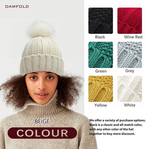 قبعة نسائية محبوكة، قبعة شتوية دافئة مبطنة بالساتان مع كرة من الفرو الصناعي للطقس البارد، التزلج، في الهواء الطلق in Kuwait