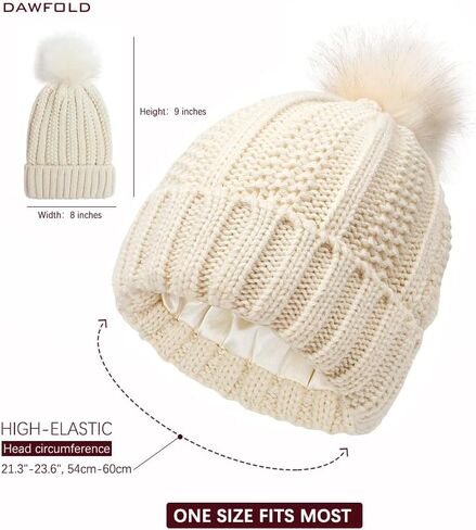 قبعة نسائية محبوكة، قبعة شتوية دافئة مبطنة بالساتان مع كرة من الفرو الصناعي للطقس البارد، التزلج، في الهواء الطلق in Kuwait