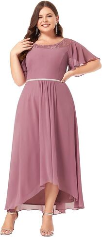 Ever-Pretty Plus Womens Plus Size Lace Illusion Ruffle Sleeves Irregular Hem A Line Chiffon Maxi Evening Dresses 00465-DA in Kuwait