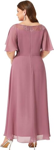 Ever-Pretty Plus Womens Plus Size Lace Illusion Ruffle Sleeves Irregular Hem A Line Chiffon Maxi Evening Dresses 00465-DA in Kuwait