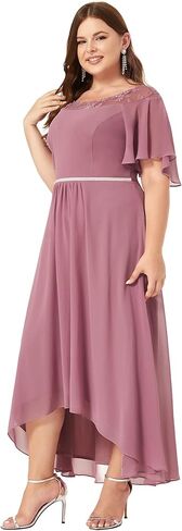 Ever-Pretty Plus Womens Plus Size Lace Illusion Ruffle Sleeves Irregular Hem A Line Chiffon Maxi Evening Dresses 00465-DA in Kuwait