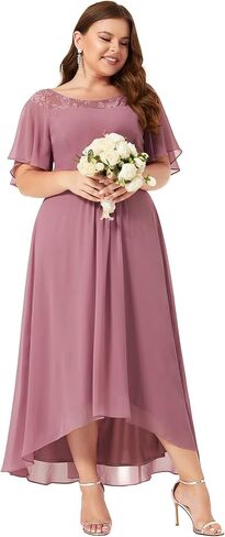 Ever-Pretty Plus Womens Plus Size Lace Illusion Ruffle Sleeves Irregular Hem A Line Chiffon Maxi Evening Dresses 00465-DA in Kuwait