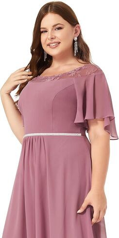 Ever-Pretty Plus Womens Plus Size Lace Illusion Ruffle Sleeves Irregular Hem A Line Chiffon Maxi Evening Dresses 00465-DA in Kuwait