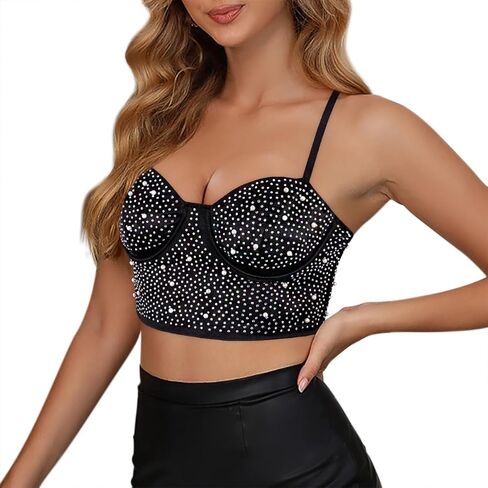 قميص نسائي من Haoohu مصنوع من حجر الراين مرصع بالألماس اللامع وقميص قصير للحفلات والنوادي in Kuwait