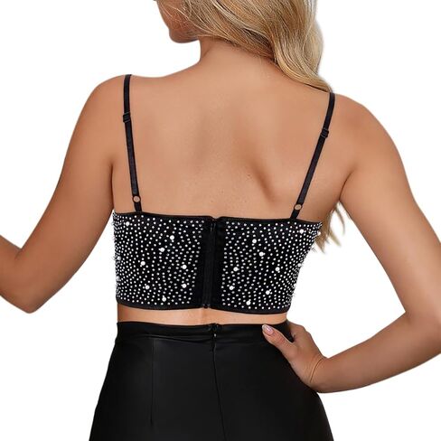 قميص نسائي من Haoohu مصنوع من حجر الراين مرصع بالألماس اللامع وقميص قصير للحفلات والنوادي in Kuwait