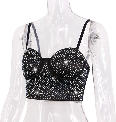 قميص نسائي من Haoohu مصنوع من حجر الراين مرصع بالألماس اللامع وقميص قصير للحفلات والنوادي in Kuwait