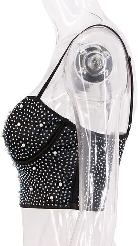 قميص نسائي من Haoohu مصنوع من حجر الراين مرصع بالألماس اللامع وقميص قصير للحفلات والنوادي in Kuwait