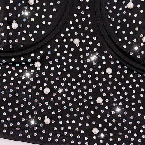 قميص نسائي من Haoohu مصنوع من حجر الراين مرصع بالألماس اللامع وقميص قصير للحفلات والنوادي in Kuwait