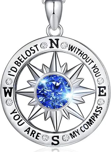 Compass pendant-S925 steerling silver necklace with zircon stone(s) and a meaningful message on it "I'd be lost without you" " you are my compass" lovely message for mother's day, aniversary, valentines, birthday, any occasion. in Saudi Arabia