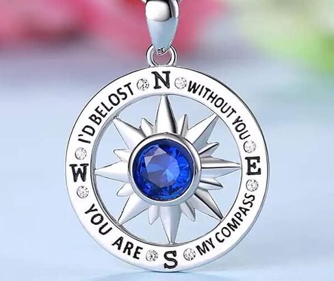 Compass pendant-S925 steerling silver necklace with zircon stone(s) and a meaningful message on it "I'd be lost without you" " you are my compass" lovely message for mother's day, aniversary, valentines, birthday, any occasion. in Saudi Arabia