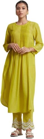 مجموعة كورتا بانت للنساء 3/4 كم ملابس عرقية هندية رقبة دائرية مطبوعة كورتي هندية للفتيات أصفر in Kuwait