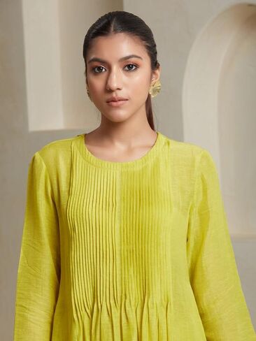 مجموعة كورتا بانت للنساء 3/4 كم ملابس عرقية هندية رقبة دائرية مطبوعة كورتي هندية للفتيات أصفر in Kuwait