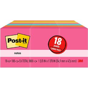 Post-it Mini Notes, 1 3/8 in x 1 7/8 in, 18 Pads, America's #1 Favorite Sticky Notes, Poptimistic Collection, Bright Colors (Blue, Orange, Pink, Green), Clean Removal, Recyclable (653-18AU)