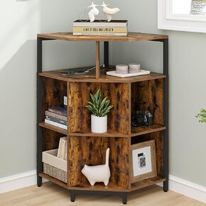 Corner Cabinet, Corner Bookshelf with Charging Station, Rustic Corner Shelf for Living Room, Cube Toy Storage for Bedroom, 2USB Ports and 3 Outlets, Rustic Brown and Black CS05301B