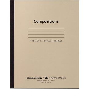 Roaring Spring Composition Notebooks, Case of 288, Wide Ruled, 20 Sheets, 15# White Paper, 8.5"x7", Flexible Manila 7 pt Tagboard Covers