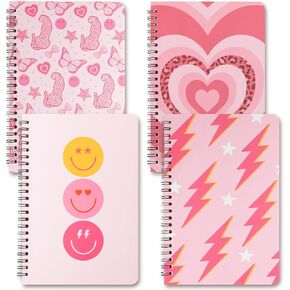 L1rabe 4 A5 Preppy Spiral Notebooks Spring Back to School Y2K Travel Journal for Kids Teens Cute Pink Smile Hardbound College Ruled Notebooks for Girls Notepad Diary School Office Supplies Easter Gift