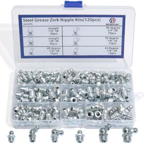 Hydraulic Grease Fitting SAE Standard 120pcs Assortment Kits - 1/4"-28 1/8"-28 Straight and 90 Degree and 45 Degree Steel Zerk Grease Nipple Fitting