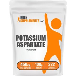 BulkSupplements.com Potassium Aspartate Powder - Potassium Supplement, Potassium Powder, Potassium Aspartate Supplement - Gluten Free, 450mg (98mg Potassium) per Serving, 250g (8.8 oz)