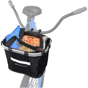 AlveyTech Collapsible Front Basket for Bikes & Scooters - Aluminum Alloy Frame, Nylon Body with Mounting Bracket, Large Capacity Storage Accessories with Reflective Safety Strap, Pocket, & Drawstring